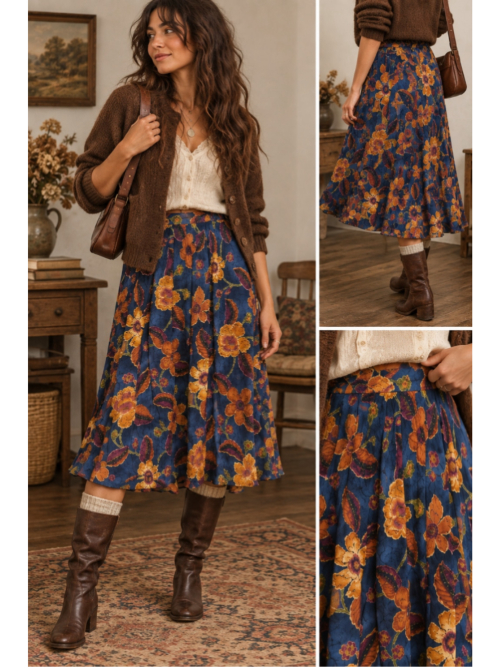 Vintage Alfred Dunner Floral Midi Skirt Size 12 Rayon Pleated Pockets 90s